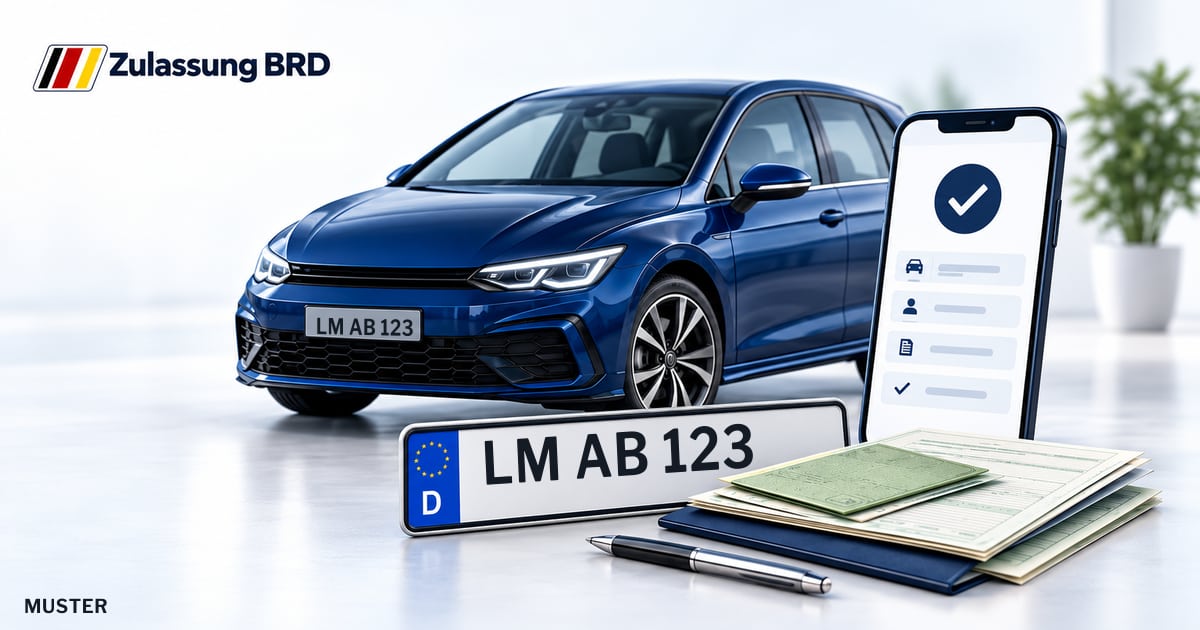 Online Fahrzeugzulassung in Selters (Taunus): Musterkennzeichen LM AB 123, Auto und Fahrzeugpapiere und Smartphone. Illustration mit Logo von Zulassung BRD.